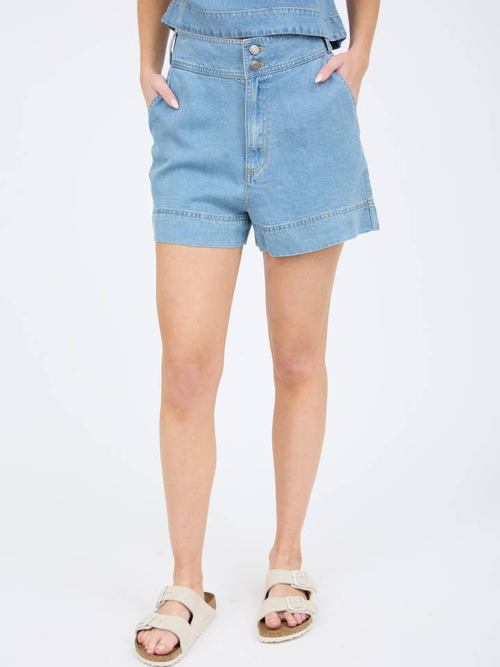 BLUE HIGH WAIST CHAMBRAY MINI SHORTS for wholesale on Faire
