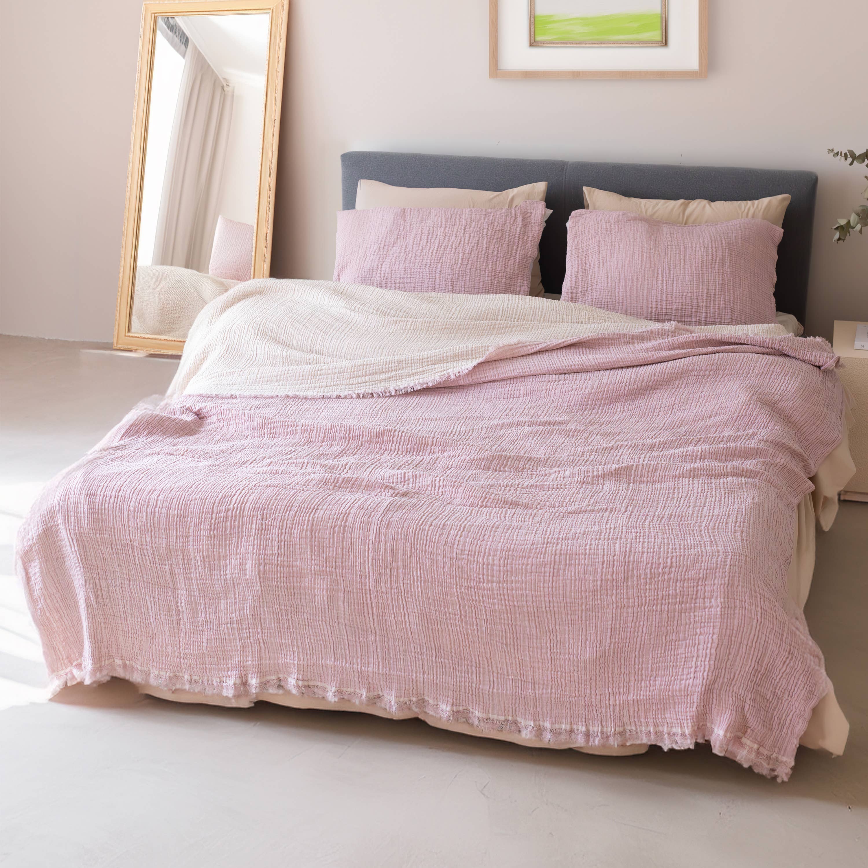 Vivamaison - Vente Plaids - Couvre-lit en mousseline frangé 100 % coton doux, 4 couches premium95