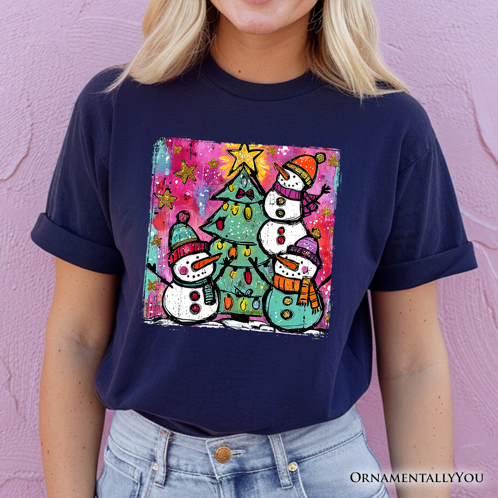OrnamentallyYou - Vente T-shirt sérigraphié – femme - T-shirt Arbre de Noël Bonhommes de Neige Aquarelle, Vacances Vintage7