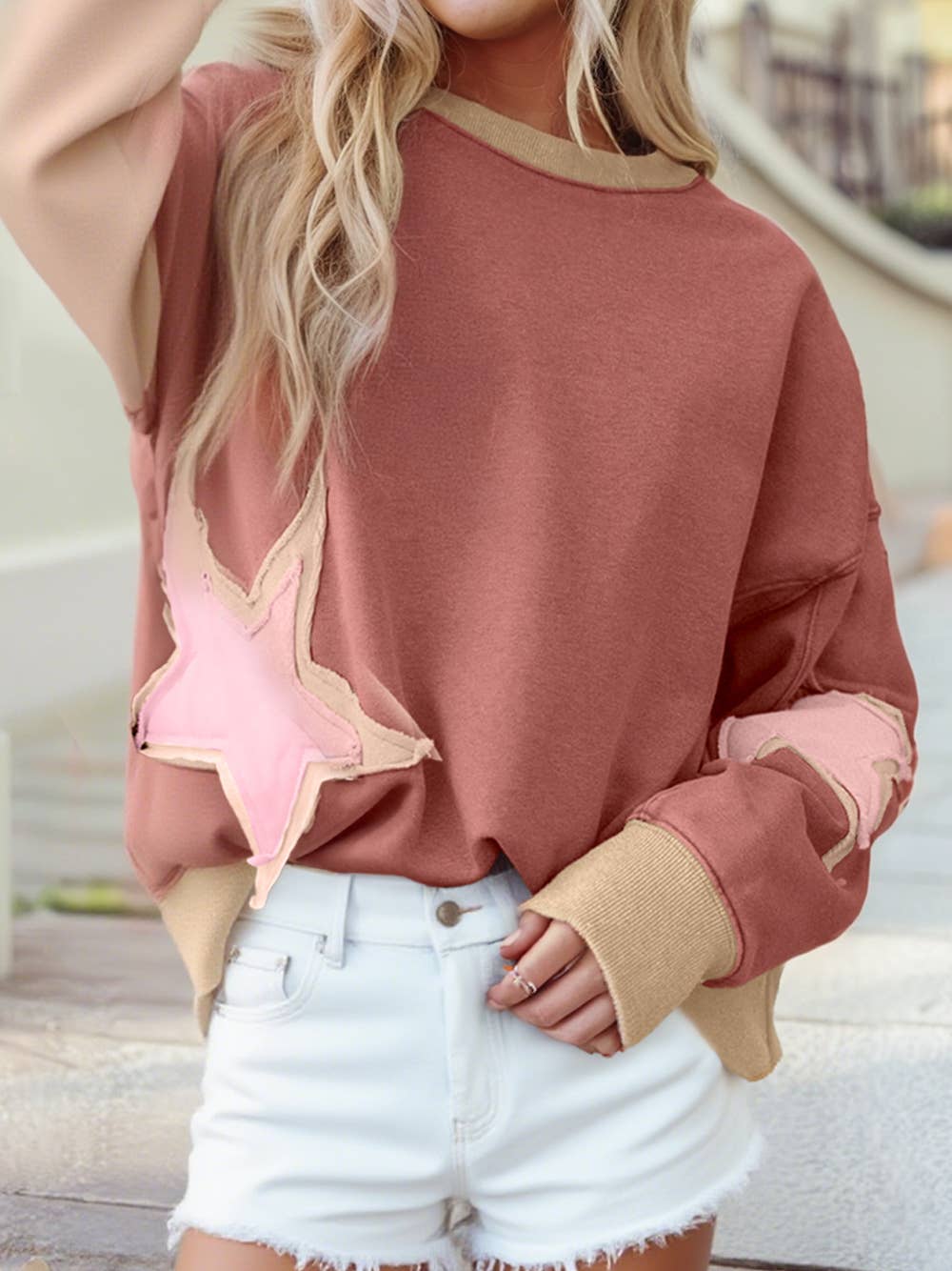 1 the Woman - Wholesale Sweatshirt - Women's - Raw Seam Double Star Patched Hem Drop Shoulder Sweatshirt3