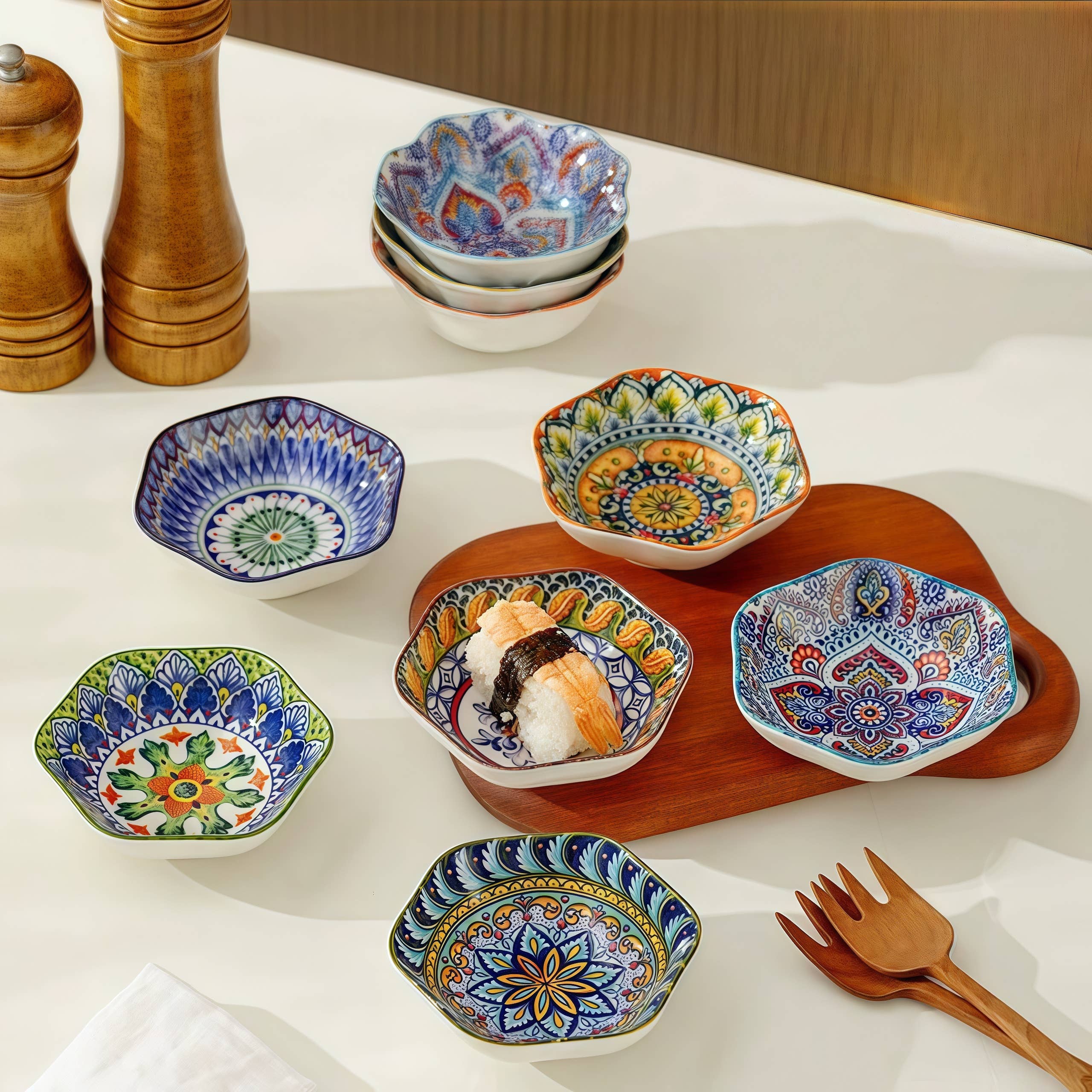 Otterware - Vente Bols à condiments/sauces - Bols en céramique hexagonaux et roses marocains (10 cm)7