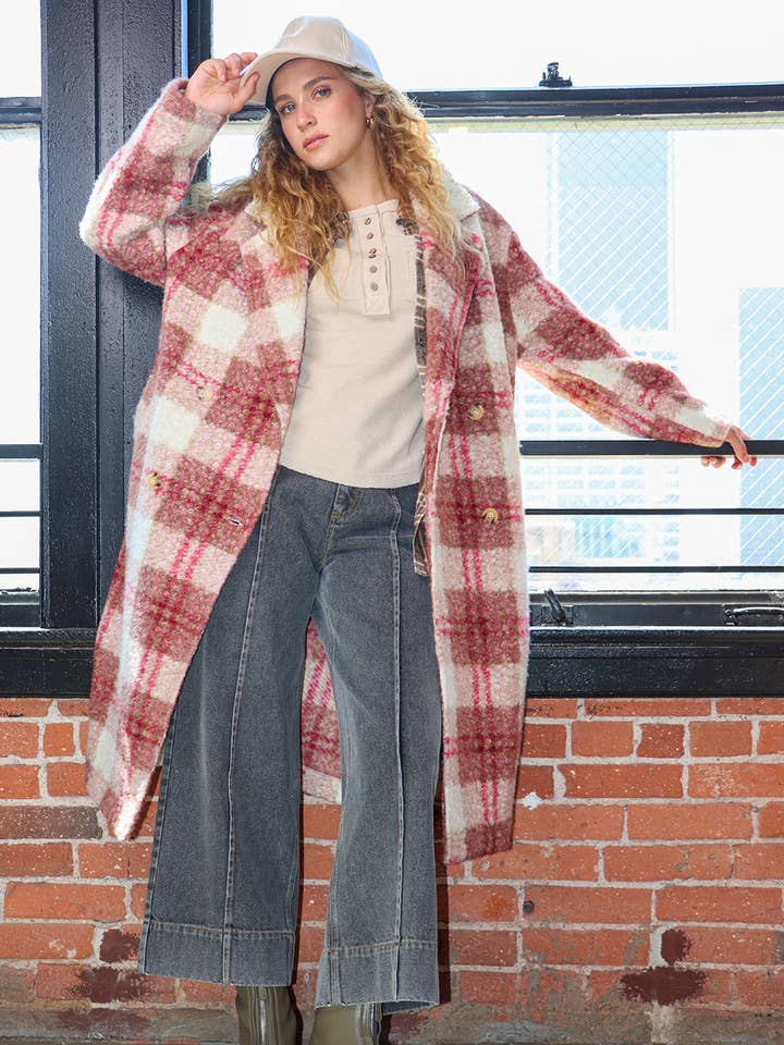 VERY J - Wholesale Coat - Women's - NJ90324-Oversized Plaid Soft Fuzzy Button Down Long Coat