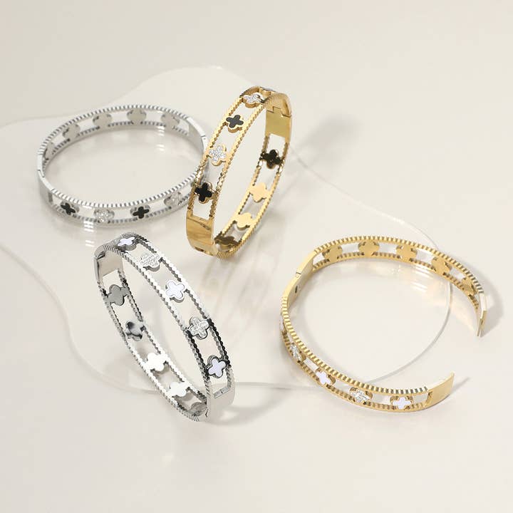 Stainless Steel Quatrefoil Pointed Hinged Bangle Bracelet for wholesale by Sensibling Corp.