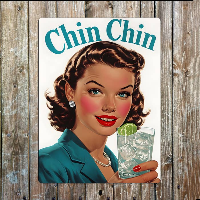 The British Metal Signs Company – wholesale Sign – Chin Chin Gin Tonic Women Vintage Retro Metal Sign Plaque0