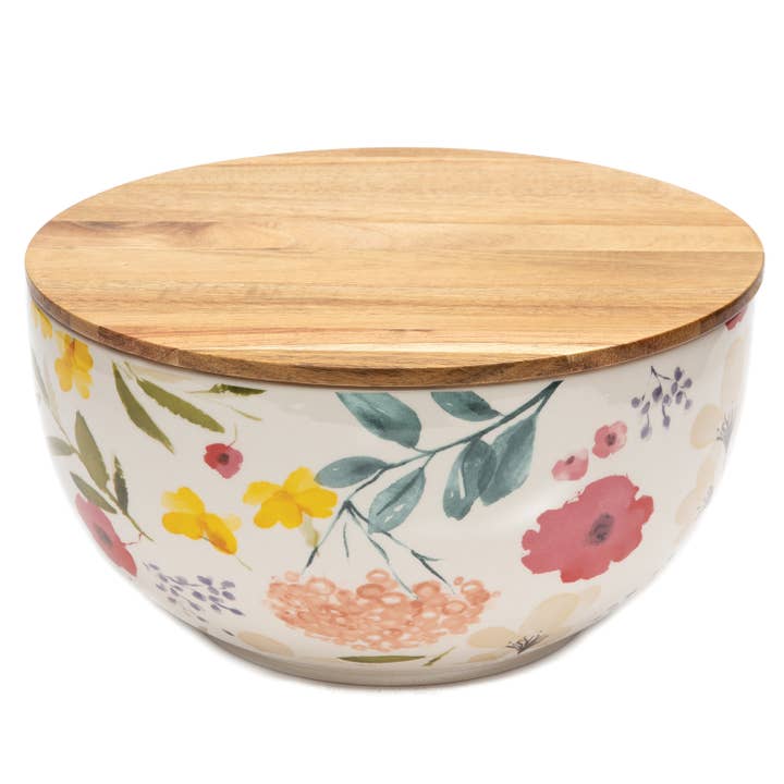 Conimar Promotions - Wholesale Serve Bowl - Large Floral Serving/Mixing Bowl with Acacia Wooden Lid0