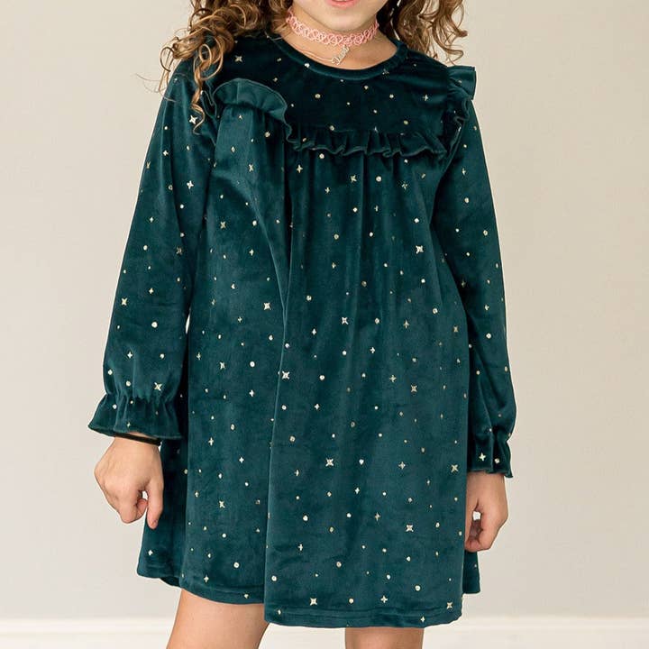 Girl's Green and Gold Stretch Velvet Ruffle Bib Shift Dress for wholesale by cuteheads