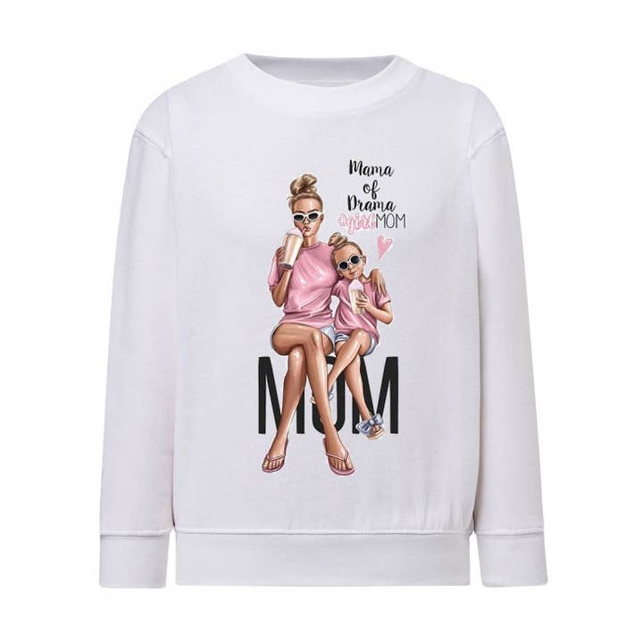 Felpa bianca in pile con stampa MAMA OF DRAMA per la vendita all'ingrosso da parte di red white