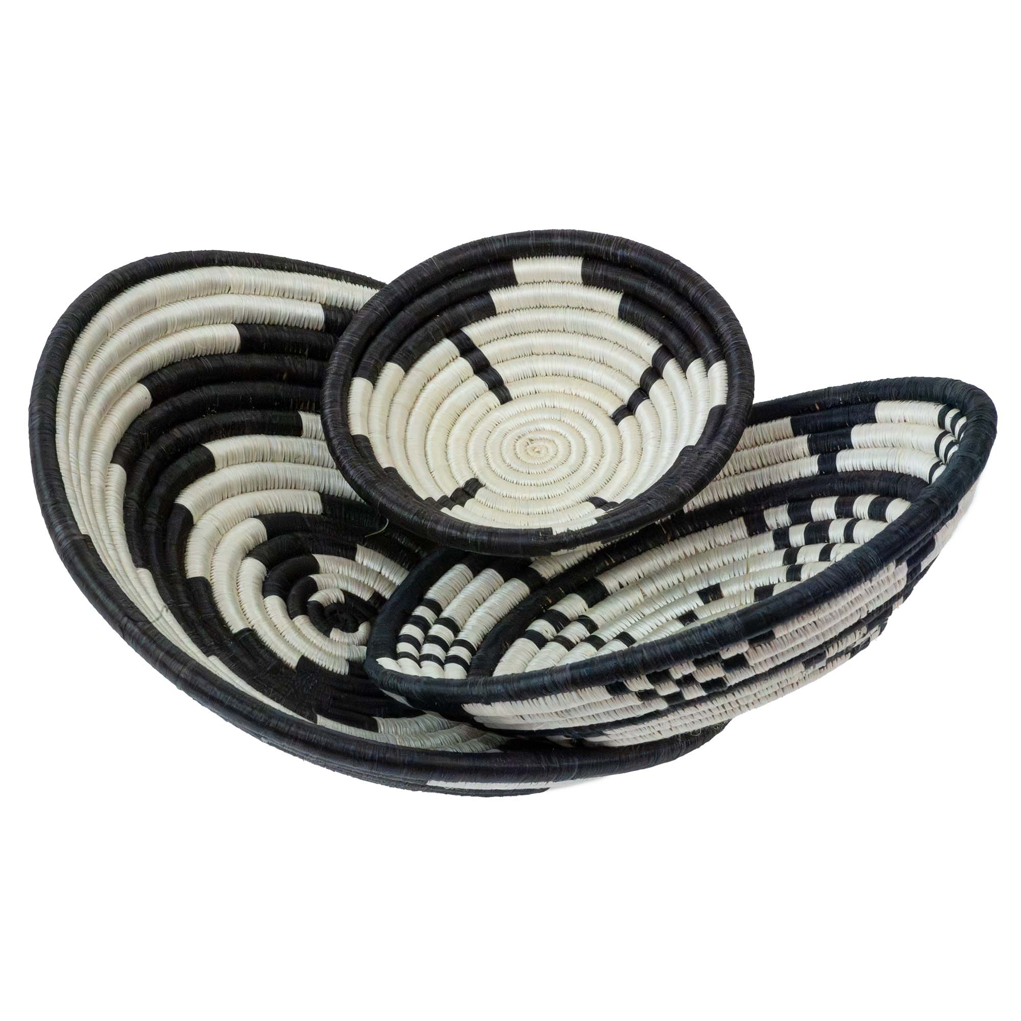 Global Crafts - Wholesale Basket - African Rwanda Baskets Home & Wall Decor-Set/3 Monochrome - MIXED DESIGNS1