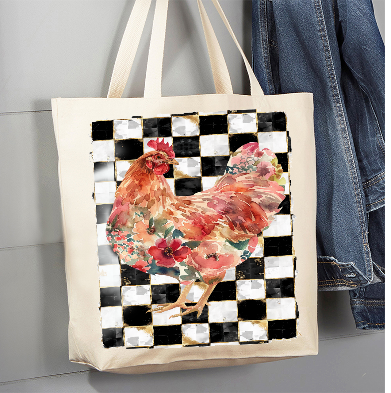 Avery Lane Gifts - Wholesale Tote Bag - Women's - Checkered Colorful Chicken Canvas Tote Bag0