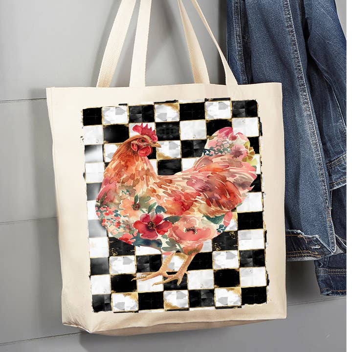 Avery Lane Gifts - Wholesale Tote Bag - Women's - Checkered Colorful Chicken Canvas Tote Bag