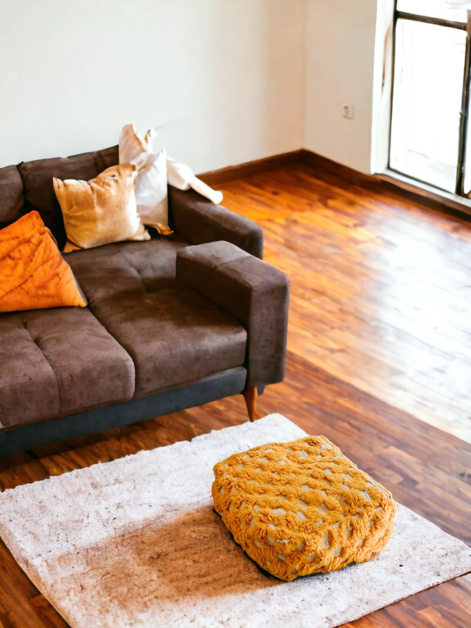 Berberwoolrug – wholesale Pouf – Handcrafted Berber Mustard Wool Checkered Pouf Floor Cushion1