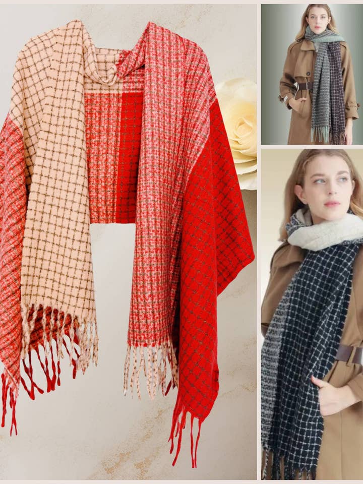JC021029 Super Soft Cozy Two-Tone Check Shawl/Scarf for wholesale by JC Sunny Fashion
