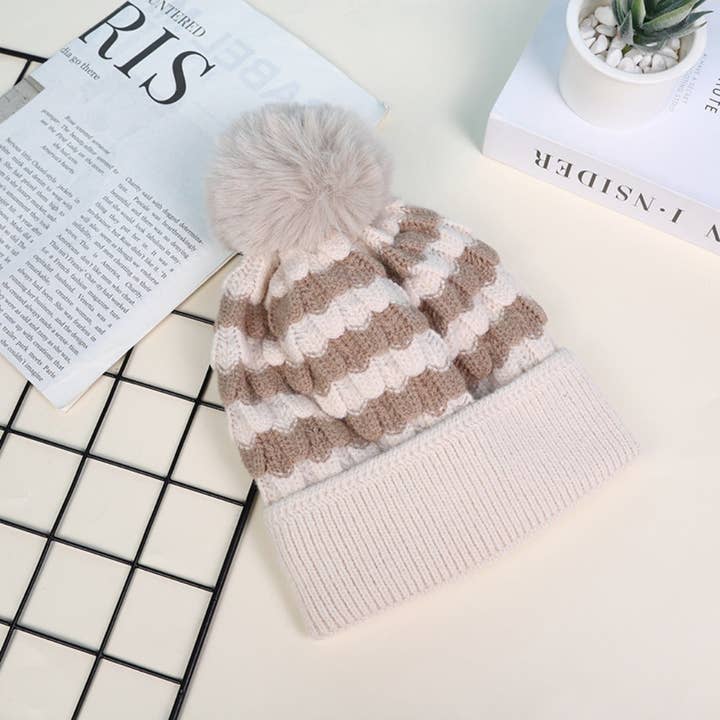 Funkyrel® Atzbranding Limited - Wholesale Beanie – Women's - Haila - Women's Striped Fleece Lined Beanie with Pom3