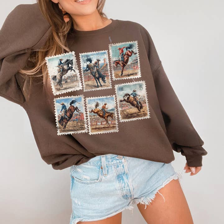 Retro Western Bronc Sweatshirts & Tees for wholesale by Whiskey & Lace Outfitters /The Longhorn Hippie Co.