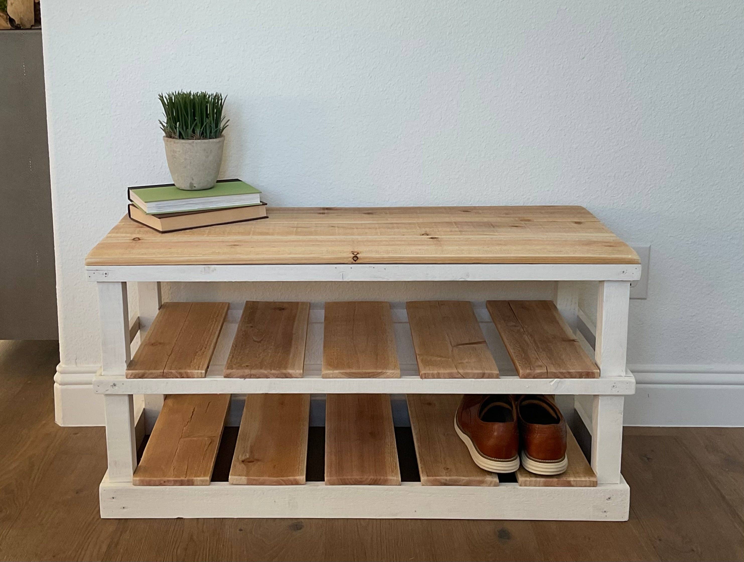 Intrinsic Haven - Vente Étagères à chaussures - Banc-rangement rustique en bois à deux étages pour chaussures22