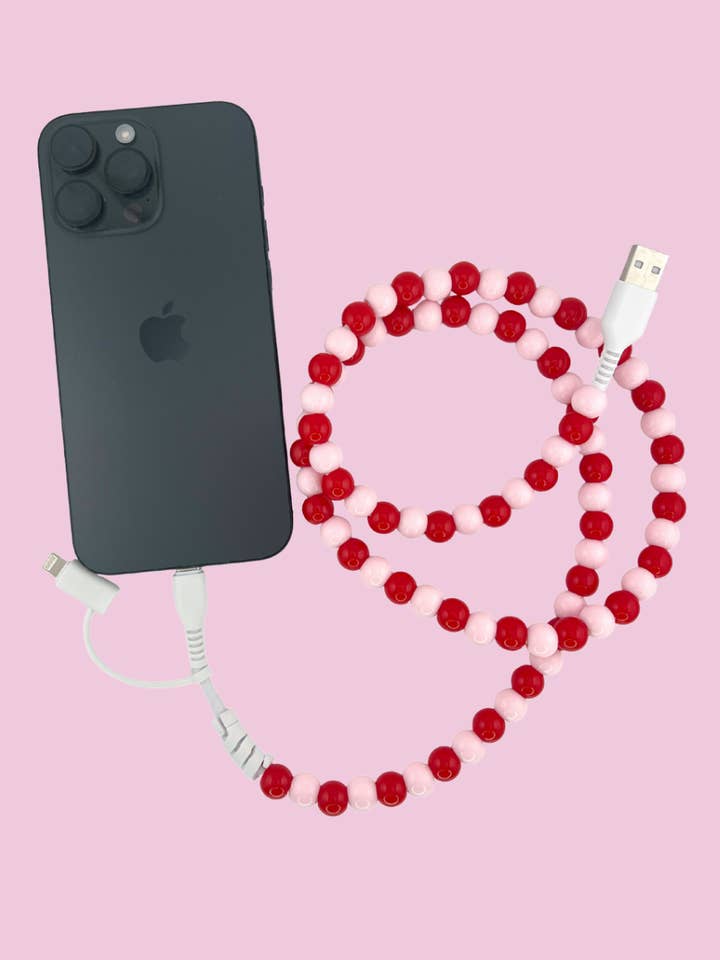 2 in 1 Beaded USB Charger- Pink/Red for wholesale by Jess Lea