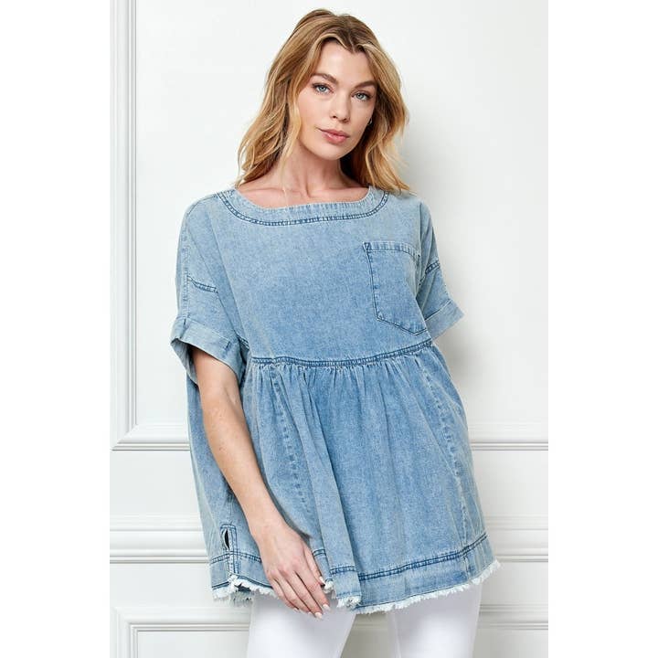 Oversize Pleated Denim Baydoll Top for wholesale on Faire