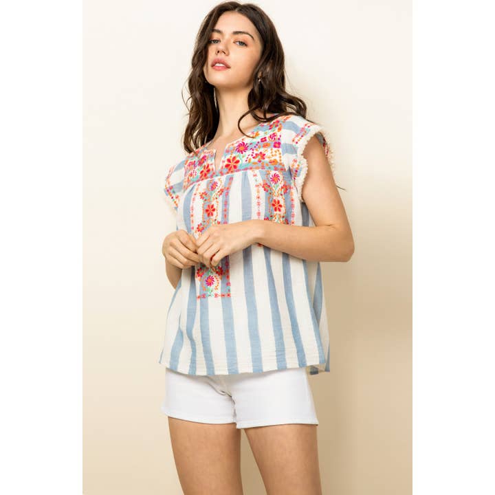 Blue Stripe Embroidered Top with Cap Sleeves and Trim for wholesale by THML