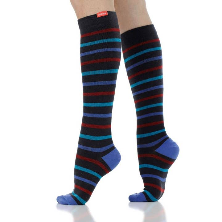 VIM & VIGR - 20-30 mmHg Merino Wool Compression Socks: Simple Stripe: Black & Gemstone for wholesale by Green Ash Decor