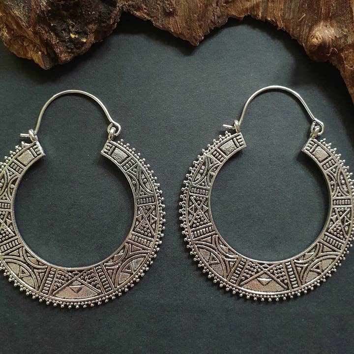 Sølv Aztec Tuareg Hoop Øreringe; Etnisk, Geometrisk, rustik, yoga, hippie, sigøjner, smuk, psy, boho, boheme, festival for engroshandel hos Kaali Boutique
