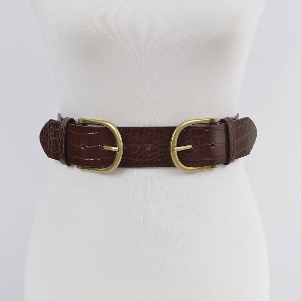 3AM BY H&D ACCESSORIES - Wholesale Belt - Women's - Two Buckle Faux Croc Leather Waist Belt4