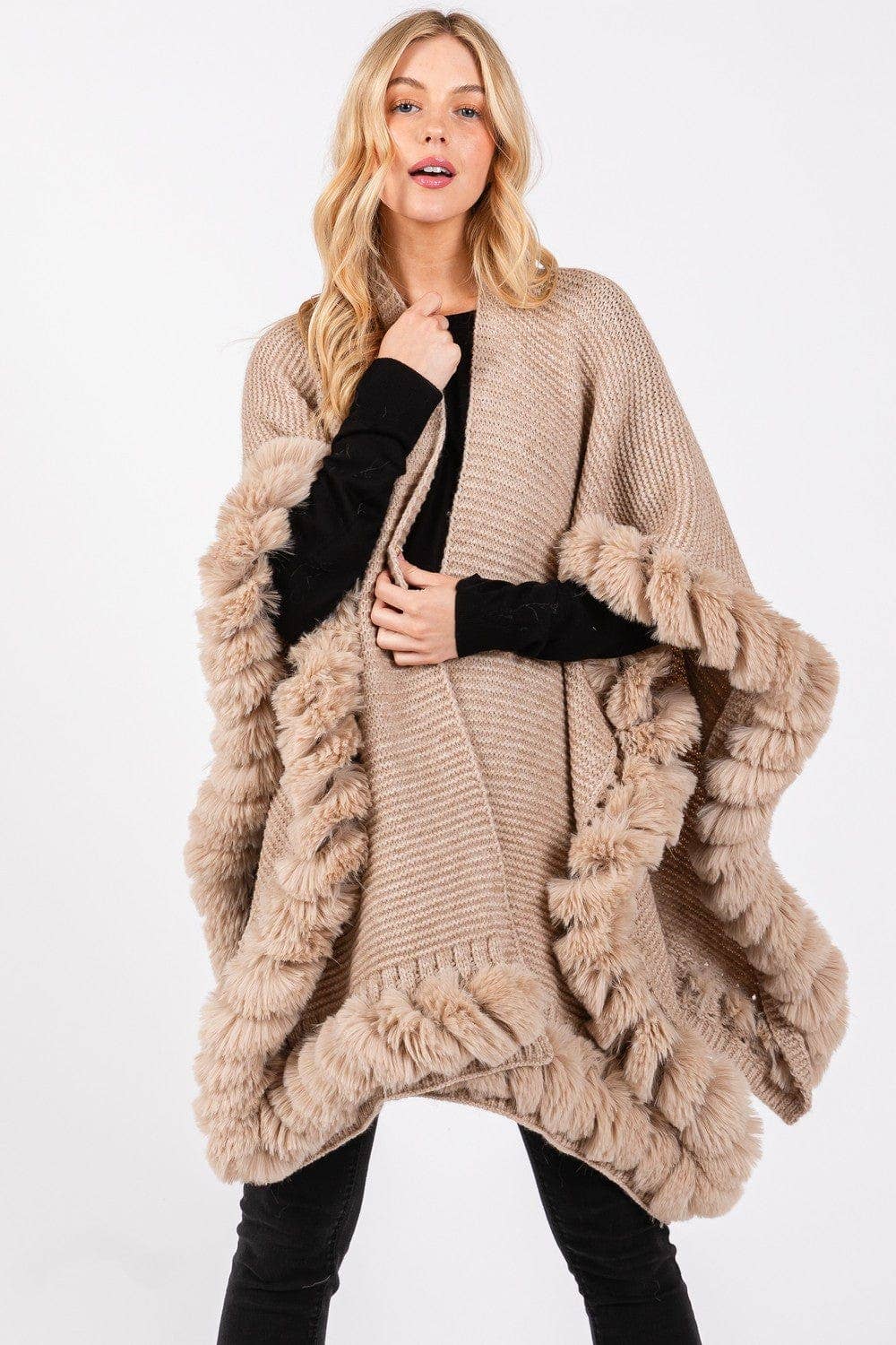 MiMi Wholesale - Wholesale Cape - Women's - MS0409 Brenda Fine Knit Faux Fur Hook & Eye-Closure Cape7