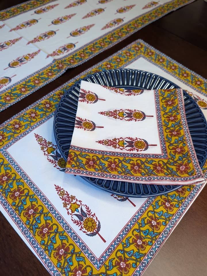 Pine Trees Block-Printed Tabletop Linen for wholesale by Mystic Marigold Co.