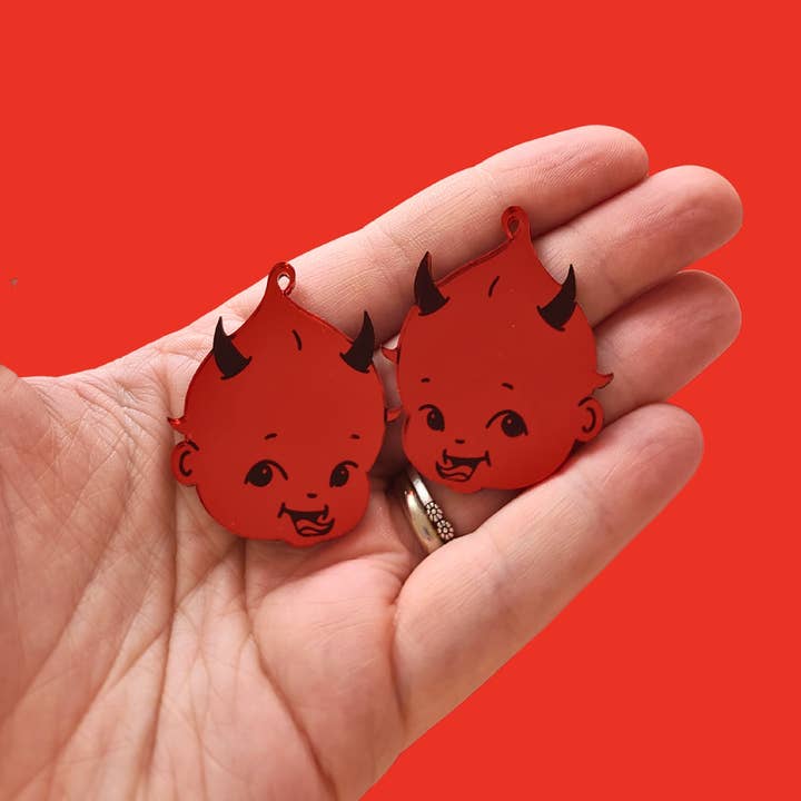 Mini Kitty Designs - Wholesale Dangle Earrings - Devil Kewpie Babies on Mirrored Red Acrylic - Earrings - Laser Cut