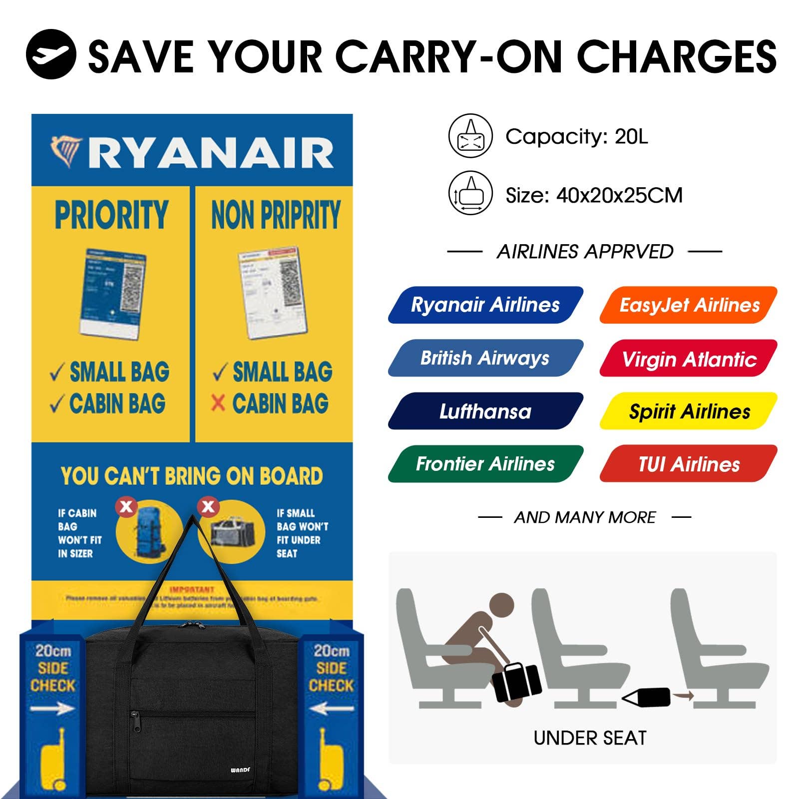 wandf - Wholesale Weekender Bag - Women's - Airplane Personal Item Travel Bag Best Underseat Bag WF11226