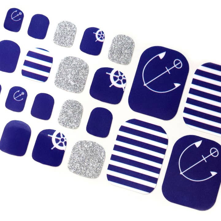 Nautical Summer Cute Toe Nail Wraps / Navy Blue Marine Anchor Nail Polish Strips / Beach Stripe Toe Nail Stickers / Silver Glitter Pedicure for wholesale by ClebleNails