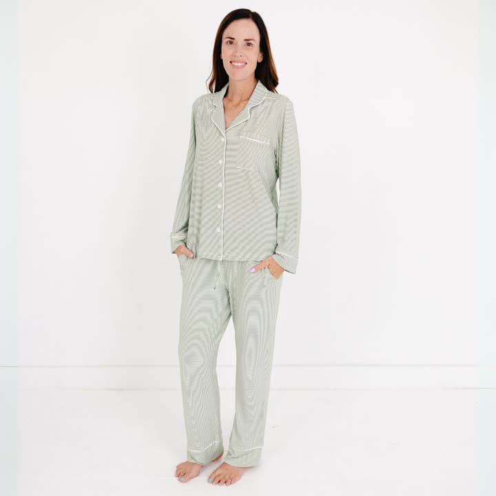 Evergreen Stripe Long Sleeve & Pants Bamboo Women's Pajama Set for wholesale by Motette