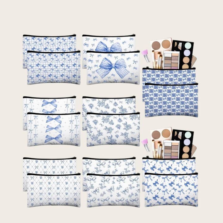 Borse cosmetiche in tela con fiocco blu per la vendita all'ingrosso da parte di Ella Blue