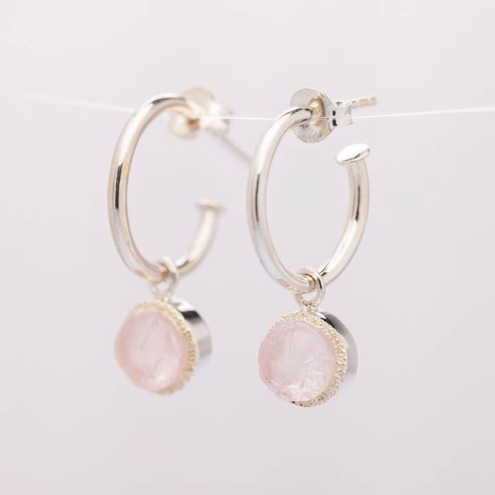 Rose Quartz Charm Hoop Earrings, Raw Crystal Gemstone - Ida for wholesale by Koko