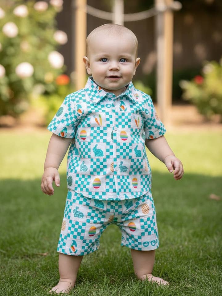 Easter checker printed boys 2 piece set. OFB50846 jean for wholesale by Kids Charm Online