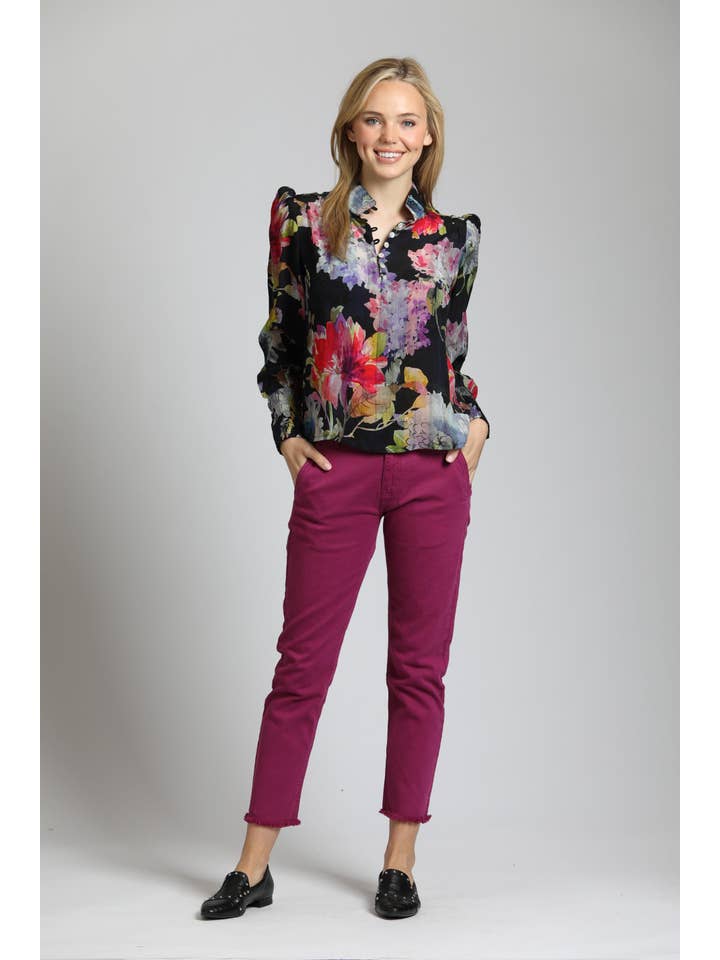 MULTI Colorful Painted Bloom Print - Puff Sleeve Blouse With Ruched Detail for wholesale on Faire