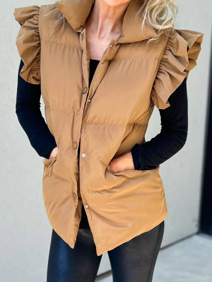 Rosa Clothing - Wholesale Outerwear Vest - Women's - Double Slip Pockets And Ruffled Sleeve Vest4