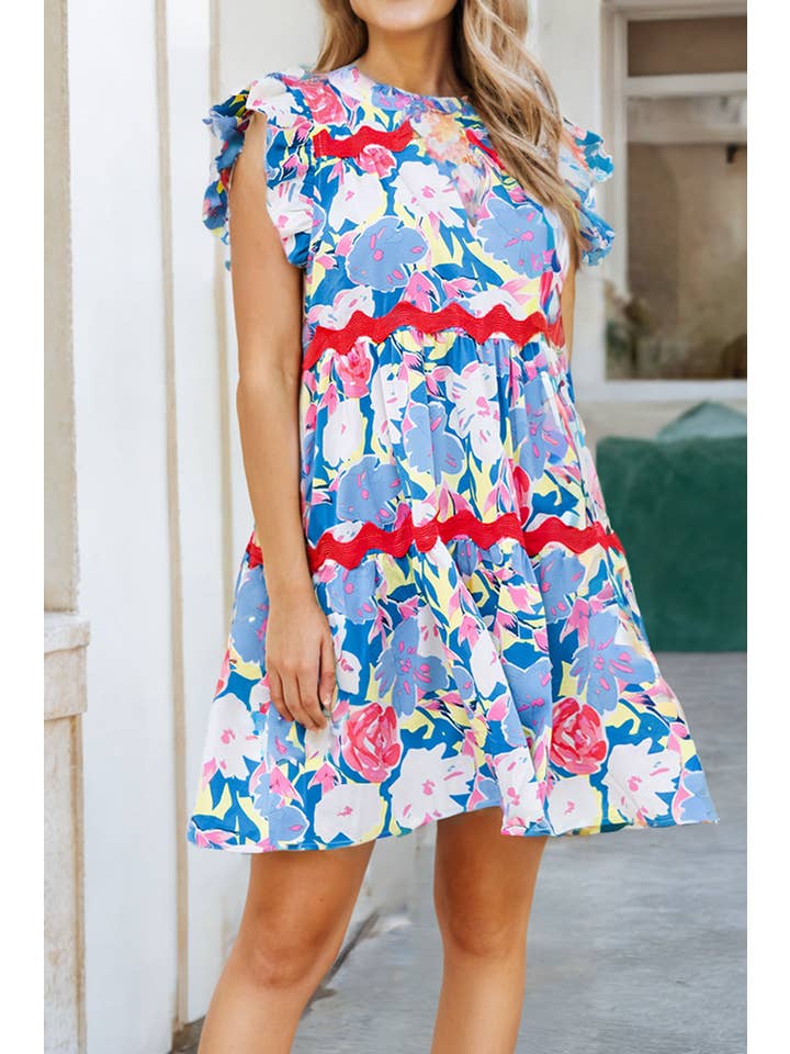 Little Daisy Closet - Wholesale Dress - Women's - LDC Floral V Notched Ric Rac Flutter Sleeve Dress