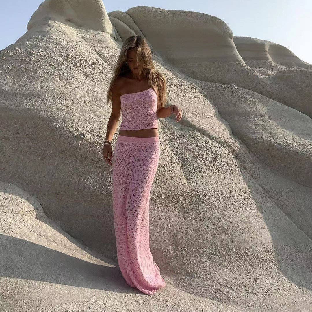 Set rosa Completo estivo chic Marayn: top corto lavorato a maglia e gonna lunga in vendita all'ingrosso su Faire5