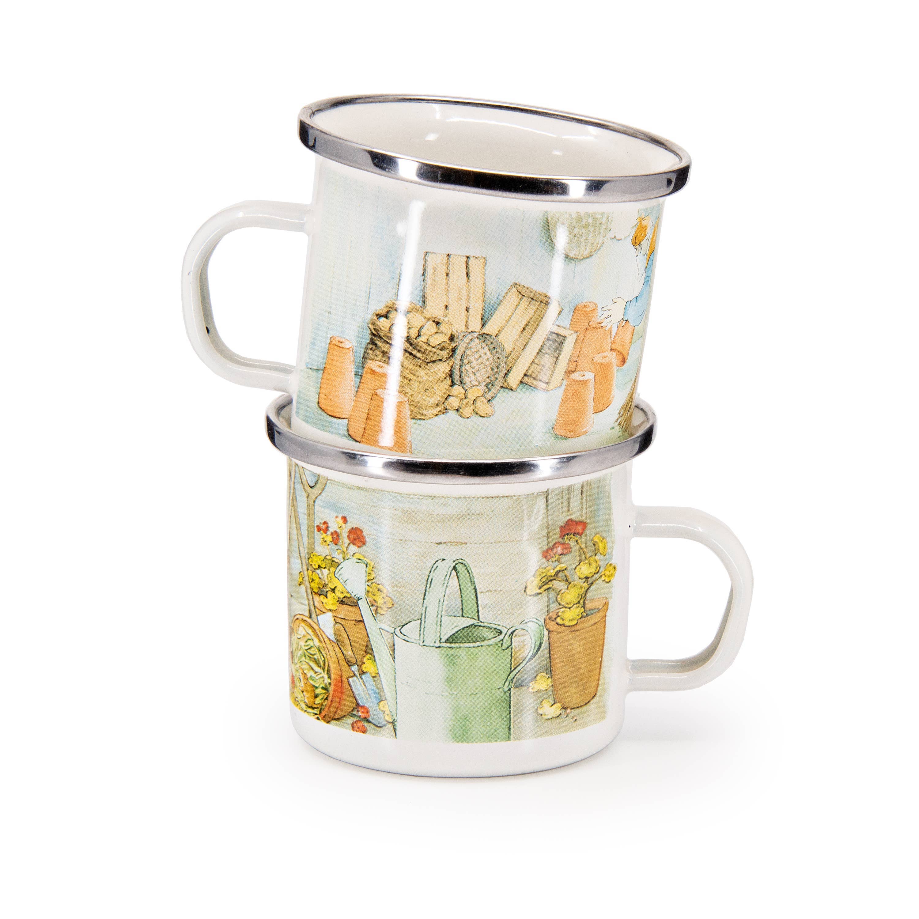 Crow Canyon Home – wholesale Coffee mug – Golden Rabbit Enamelware S/4 Peter & the Watering Can Mugs1