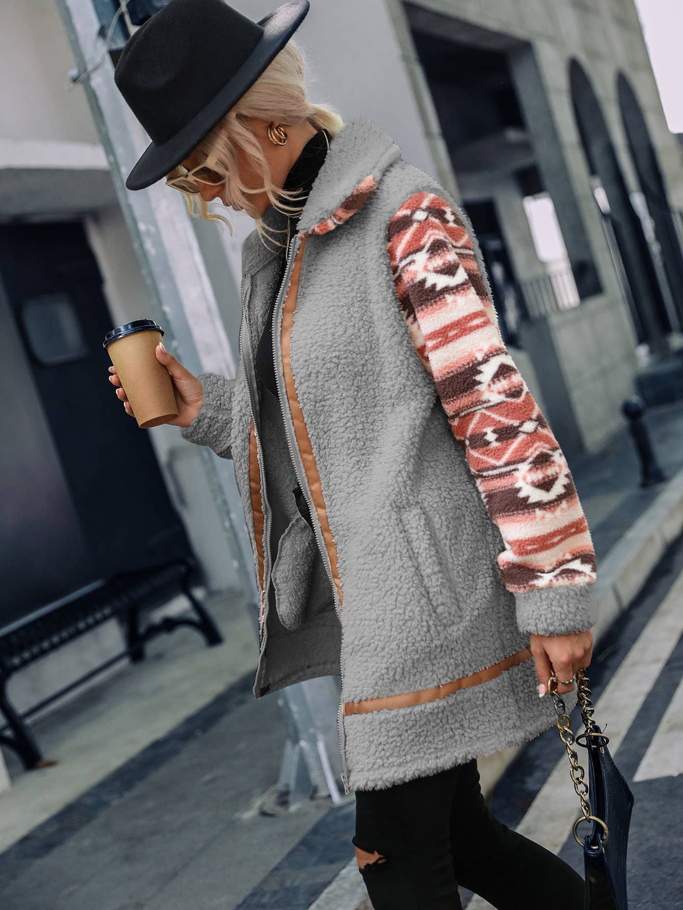 HIDDENBRAND - Wholesale Fur/Faux Fur Coat - Women's - Aztec patchwork sherpa zip coat1