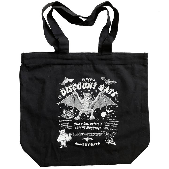 "Discount Bats" canvas tote bag for wholesale by Arcane Bullshit