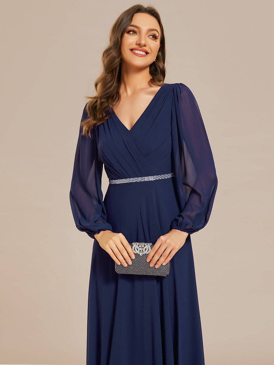 Ever-Pretty - Wholesale Gown - Women's - Elegant waisted chiffon V-neck Long Sleeve guest Dress11