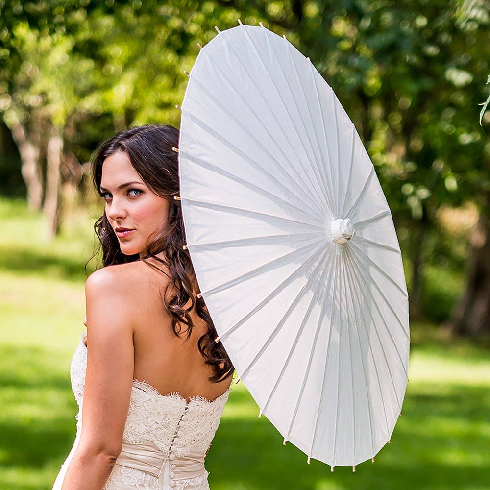 Weddingstar Inc. - Wholesale Party/Paper Folding Fan - Pretty Paper Parasol With Bamboo Handle - White1