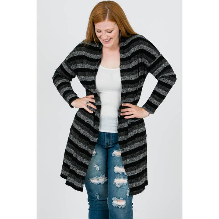 PLUS STRIPE KNIT LONG SLEEVE CARDIGAN for wholesale by Veveret