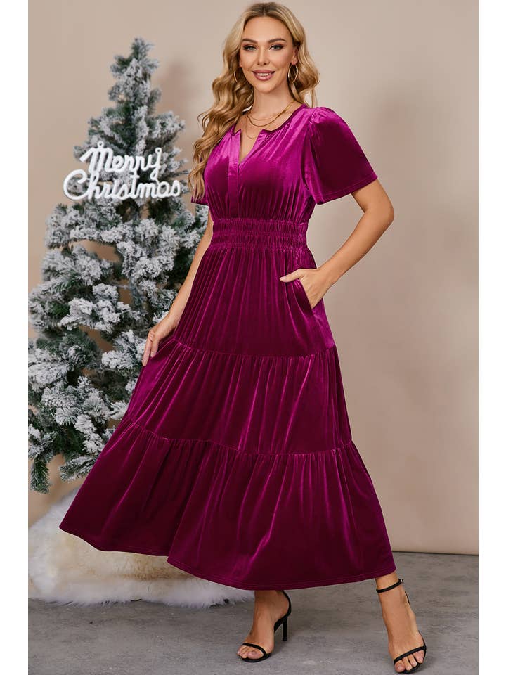 Aapparella - Wholesale Dress - Women's - Chic Velvet Shirred Waist Tiered Fall Maxi Dress | S-XL