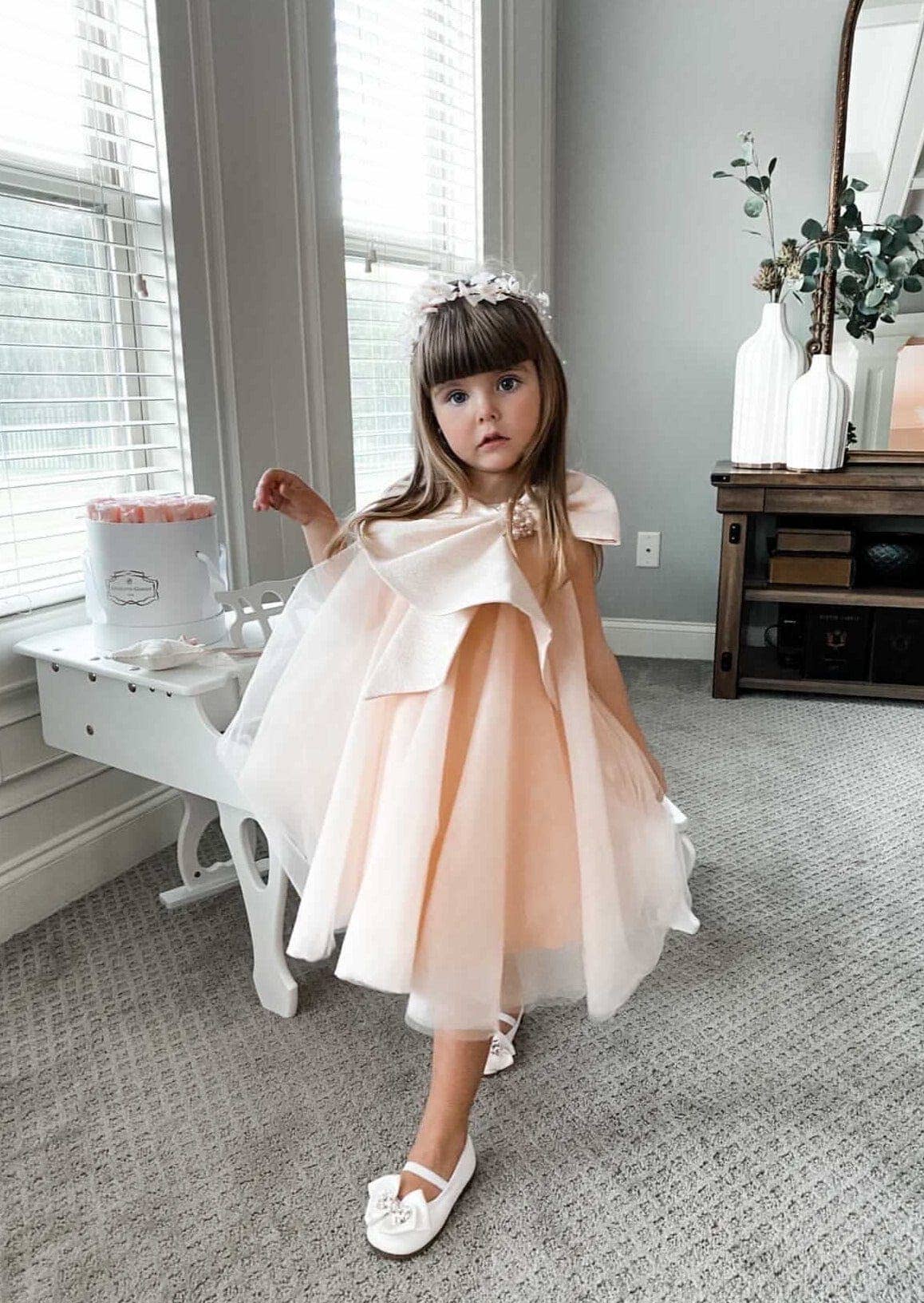 Petite Maison Kids - Vente Robe – enfant - Robe Jackie pêche en tulle à col nœud jacquard15