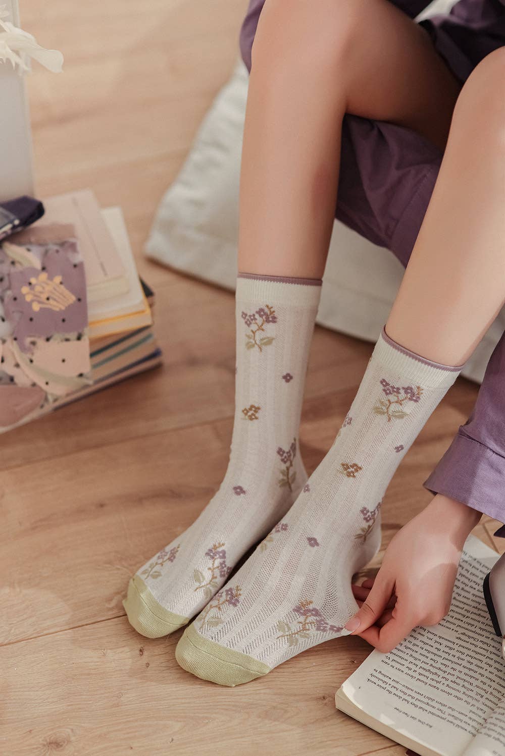 Lilac and green floral socks 🌿💜 for wholesale on Faire