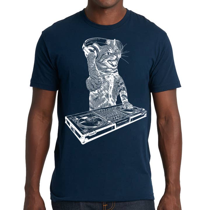MISSION THREAD CLOTHING - Wholesale Screen Printed T-Shirt - Men's - Cat DJ Tshirt, Men's Kitten Disc Jockey Design, Dance Party