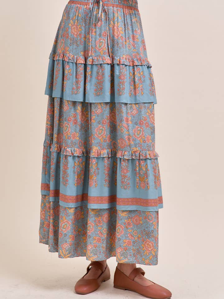 &MERCI - Wholesale Skirt - Women's - RUFFLE TIERED BORDER PRINT MIDI SKIRT MSK416611