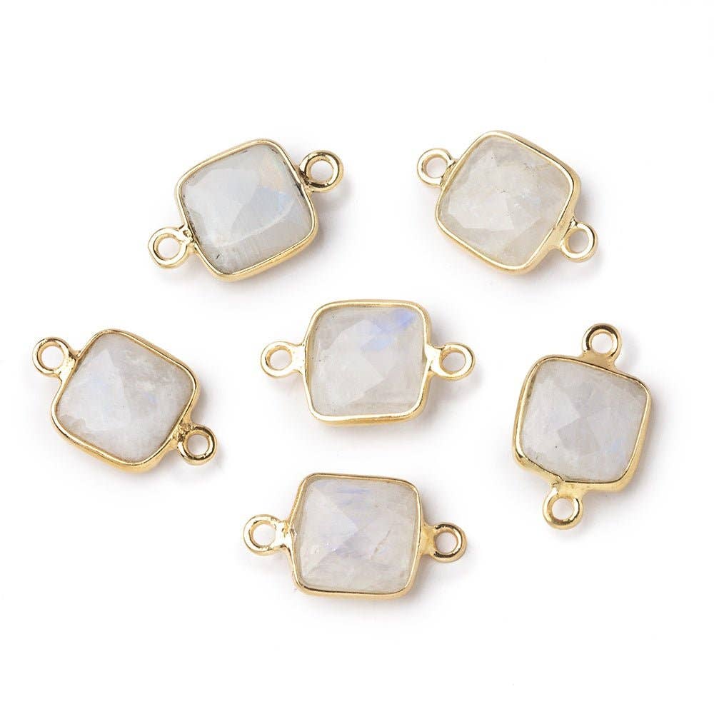 Beads of Cambay - Wholesale Individual Charm/Pendant - 9.5mm Vermeil Bezel Rainbow Moonstone Faceted Cushion Connector 1 piece1